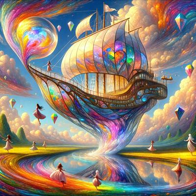 The primary subject of the image is a large, colorful ship with a mast and sails. The ship is floating in a body of water, surrounded by a lush, vibrant landscape. The setting includes a field of flowers, a beach, and a cloudy sky. The visual style of the image is a combination of digital art and illustration, creating a whimsical and imaginative atmosphere. The colors and mood of the image are predominantly warm and inviting, with a focus on the vibr